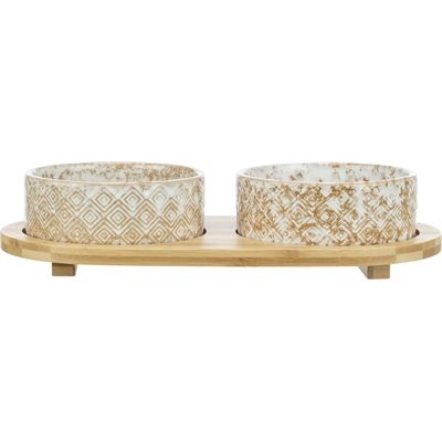 Trixie Set Voerbak / Waterbak Keramiek / Bamboe Wit / Natuur
